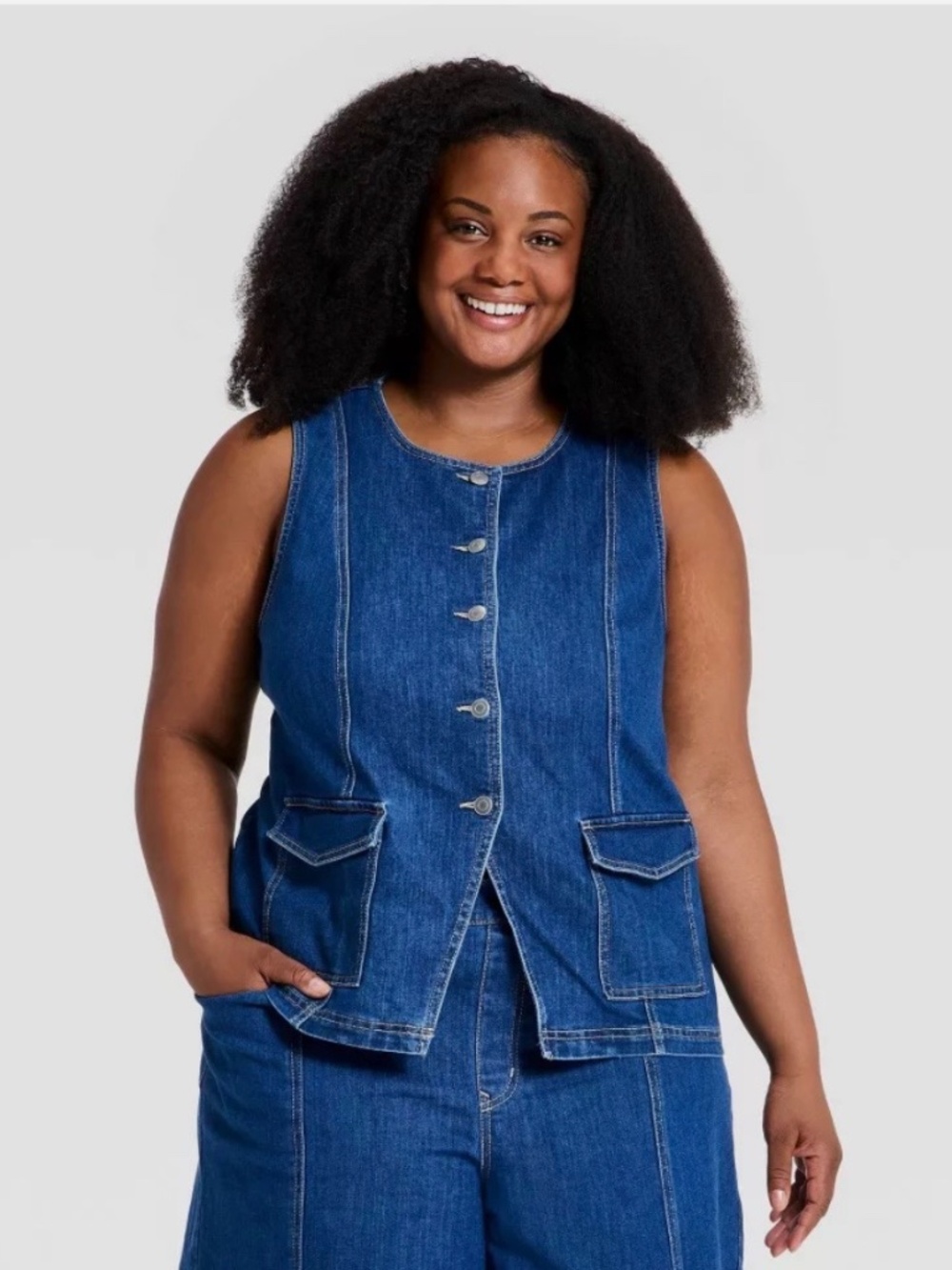 Ava & Viv Medium Wash Denim Tailored Vest Button Front Flap Pockets 3X NWT